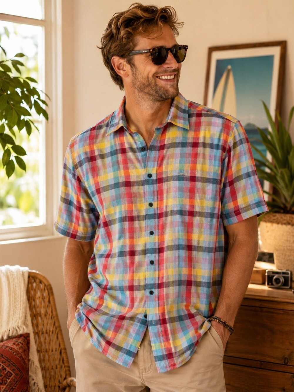Rodd & Gunn Rainbow Madras Plaid Short Sleeve Button Down Shirt Size XL